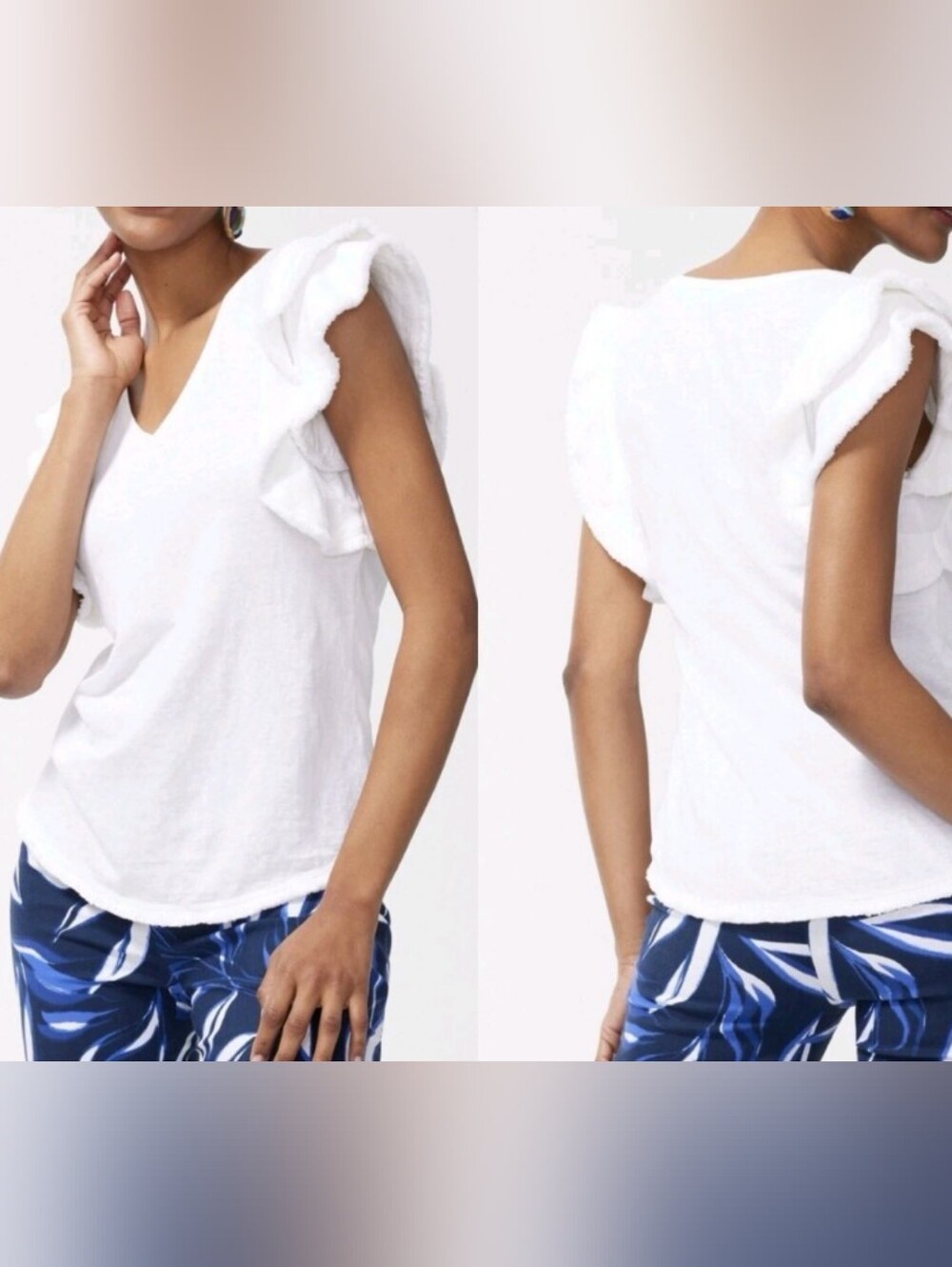 Chico's White V-Neck Ruffle Sleeve Tank